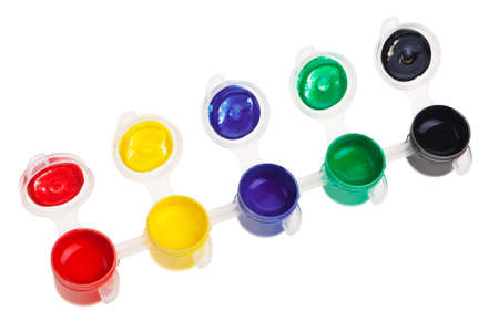 Colorful school water paints isolated over white background.の写真素材