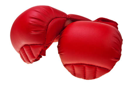 Red karate boxing gloves isolated over white background.の写真素材