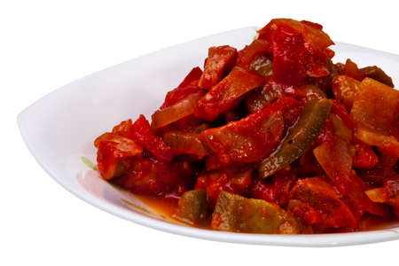 Traditional Hungarian lesco on plate closeup view.の写真素材