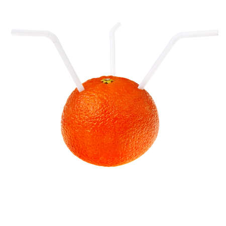 Ripe orange fruit with drinking straws isolated over white background.の写真素材