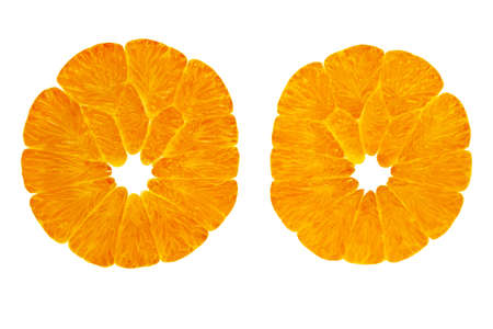 Fresh, ripe orange fruit cros-section isolated over white background.の写真素材