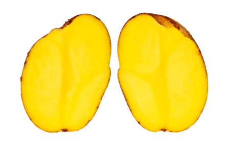 Fresh, raw potato cut in half isolated over white background.の写真素材