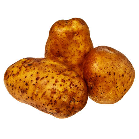 Three fresh, raw potatoes isolated over white background.の写真素材