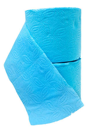 Two stacked rolls of soft blue toilet paper isolated over white background.の写真素材