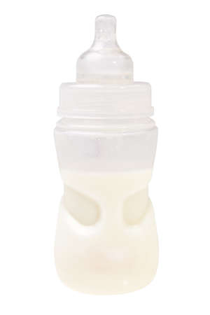 Plastic transparent baby bottle with milk isolated over white background.の写真素材