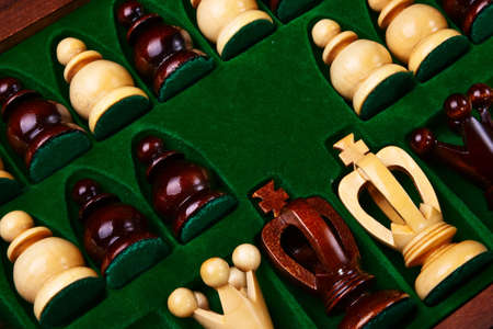 Chess figures placed in the box with green inlay.の写真素材