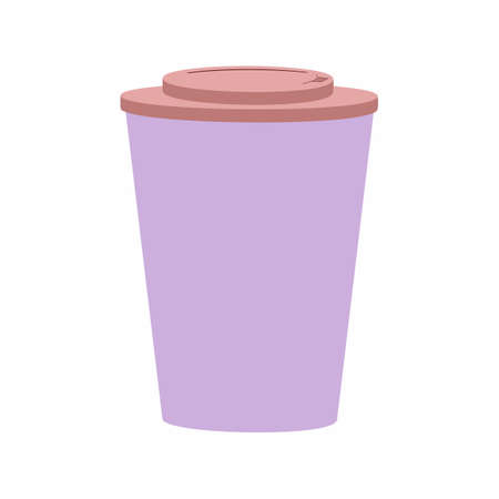 An outline vector illustration of a paper cup with a cap isolated on white background. Designed in lilac and light brown colors for prints, wraps, wallpapers, templates for kids and adults.のイラスト素材