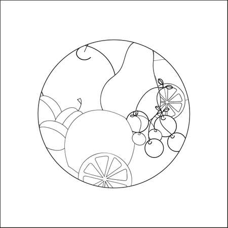 A vector illustration of plums, cherries, pears, apples, oranges, lemons, citrus slices isolated on white round cover. A design element for prints, backgrounds, templates for adults and kids.のイラスト素材