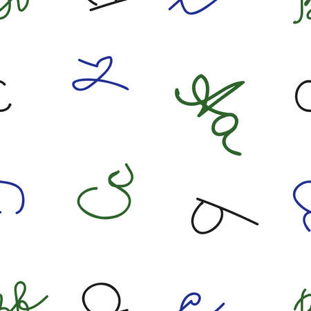 Seamless letters pattern isolated on white background. Letters are of three fonts, in black, blue, green colors placed in different directions. Vector outline illustration for kids textiles, prints.のイラスト素材