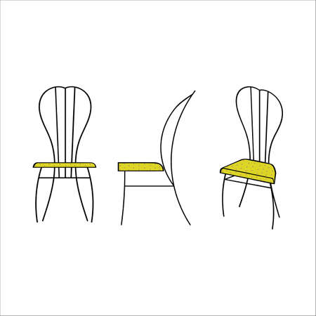 A vector illustration of 3 colorful chairs in different positions isolated on white background. The fabric on seats is yellow and pink polka dot. Design elements for projects and interior plans, printのイラスト素材