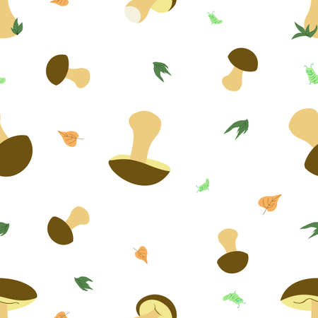 A seamless vector pattern of mushrooms, small warms and tree leaves and some grass isolated on white background. Designed in a classic style as templates, backgrounds, wraps for adults and kidsのイラスト素材