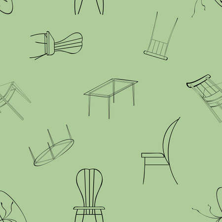 Seamless vector pattern of tables and chairs randomly ordered on green background. Designed for prints, wraps, backgrounds, textiles, wallpapers, templatesのイラスト素材
