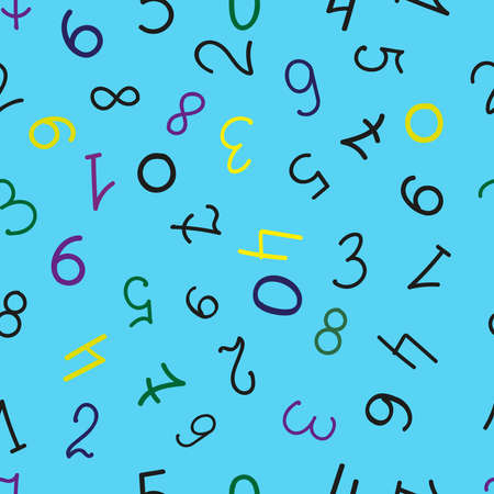 Seamless numbers pattern on bright color background. Elements are of two fonts, in black, yellow, green, dark purple and placed in different directions. Vector illustration for kids textiles, prints.のイラスト素材