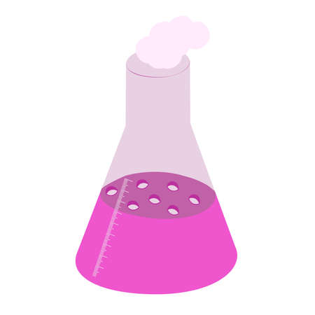An outline vector illustration of a graduated glass conical flask isolated on white background. Designed in pink colors for medical conceptsのイラスト素材