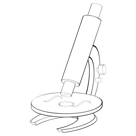 An outline vector illustration of a 3d microscope isolated on white background. Designed in black and white colors for medical, chemical, science concepts.のイラスト素材