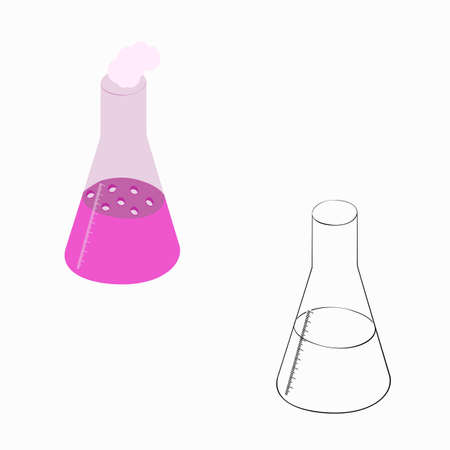 An outline vector illustration of two graduated glass conical flasks isolated on white background. Designed in pink, black and white colors for medical conceptsのイラスト素材