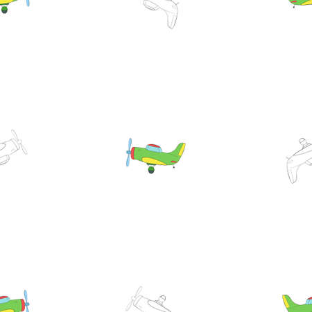 A seamless vector pattern of toy airplanes on transparent background. Designed in different colors for web concepts, prints, wraps, wallpapers, backgrounds, templates.のイラスト素材
