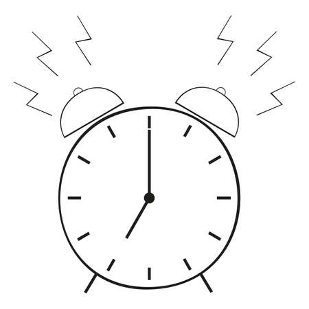 An outline vector illustration of an alarm clock isolated on transparent background. Designed in black and white colors for web concepts, prints, templatesのイラスト素材