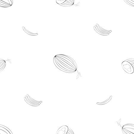 A seamless vector pattern of melons isolated on transparent background. Designed in black and white colors for prints, templates, backgrounds, wrapsのイラスト素材