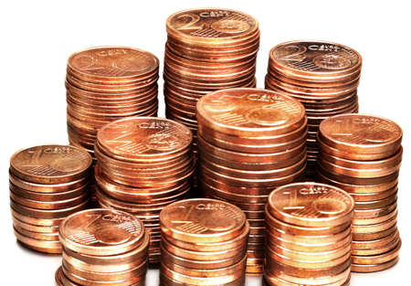 A stack of Euro Cent coins on a white backgroundの写真素材