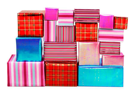 A selection of colorful presents on a white backgroundの写真素材