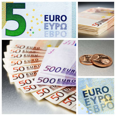 Composition of different euro bank notes and euro cent coinsの写真素材