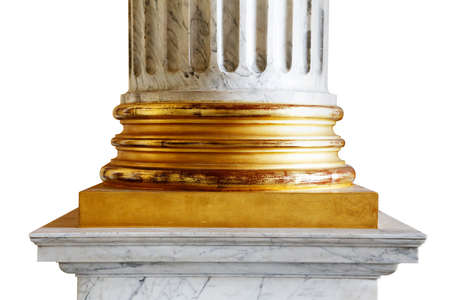 A close-up of an ancient white marble classical column with gold incrustations