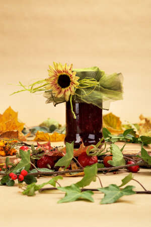 Autumn composition of fallen leafs, ivy, sunflower etc  on a background of a wrapping paperの写真素材