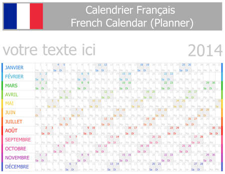 2014 French Planner-2 Calendar with Horizontal Months on white backgroundのイラスト素材