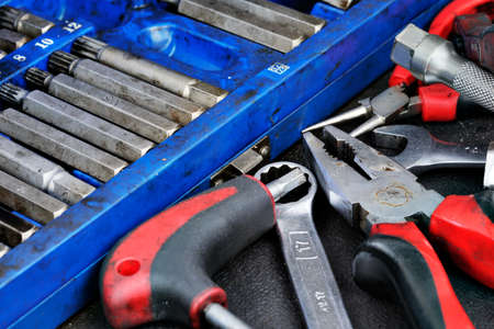 Various tools laying on a tableの写真素材