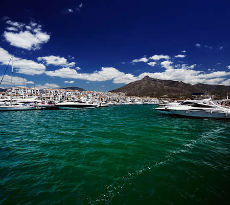 Luxury yachts and motor boats moored in Puerto Banus marina in Marbella, Spain のeditorial素材