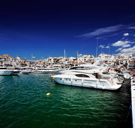 Luxury yachts and motor boats moored in Puerto Banus marina in Marbella, Spain  のeditorial素材