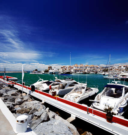 Luxury yachts and motor boats moored in Puerto Banus marina in Marbella, Spain のeditorial素材
