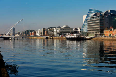 The Samuel Beckett Bridge, Dublin Convention Center and the north banks of the river Liffey in...