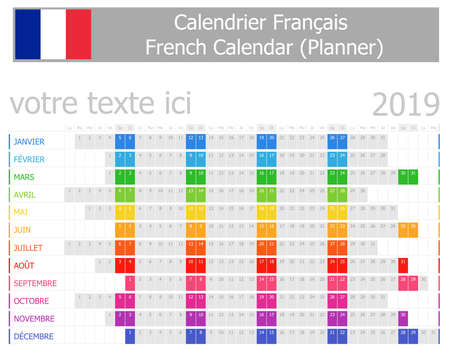 2019 French Planner Calendar with Horizontal Months on white backgroundのイラスト素材