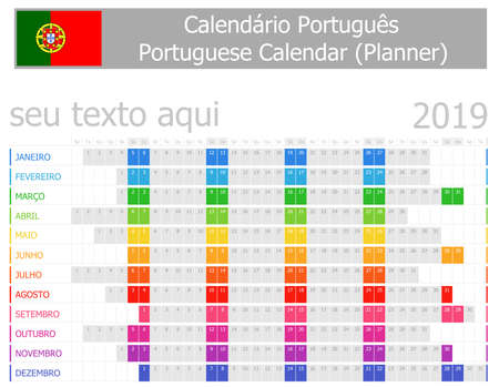 2019 Portuguese Planner Calendar with Horizontal Months on white backgroundのイラスト素材