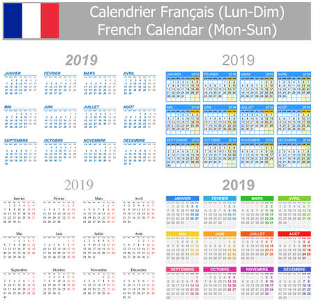 2019 French Mix Calendar Mon-Sun on white backgroundのイラスト素材