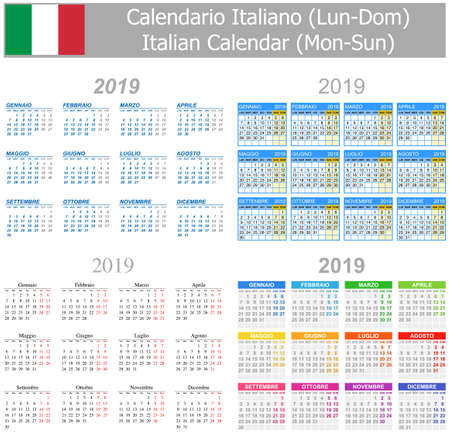 2019 Italian Mix Calendar Mon-Sun on white backgroundのイラスト素材