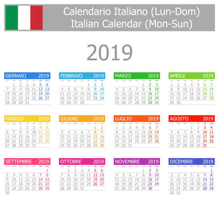 2019 Italian Type-1 Calendar Mon-Sun on white backgroundのイラスト素材