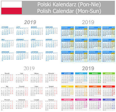 2019 Polish Mix Calendar Mon-Sun on white backgroundのイラスト素材