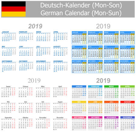 2019 German Mix Calendar Mon-Sun on white backgroundのイラスト素材