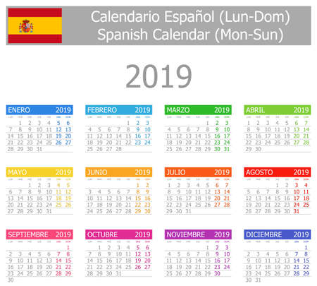 2019 Spanish Type-1 Calendar Mon-Sun on white backgroundのイラスト素材
