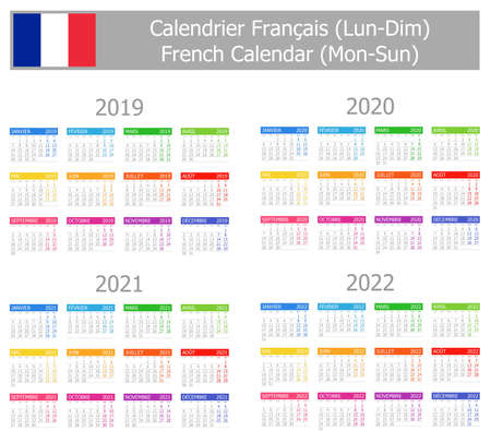 2019-2022 French Type-1 Calendar Mon-Sun on white backgroundのイラスト素材