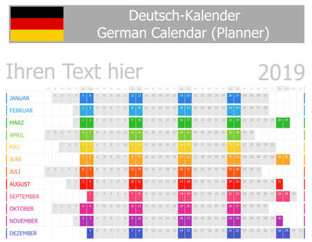 2019 German Planner Calendar with Horizontal Months on white backgroundのイラスト素材