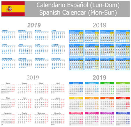 2019 Spanish Mix Calendar Mon-Sun on white backgroundのイラスト素材