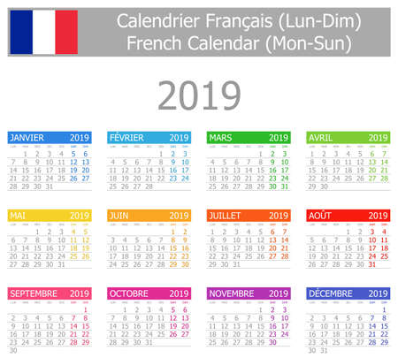 2019 French Type-1 Calendar Mon-Sun on white backgroundのイラスト素材