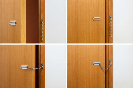 Unlocked and locked stages of a brown wooden door with a silver chainの写真素材