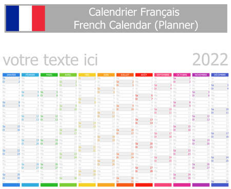 2022 French Planner Calendar with Vertical Months on white backgroundのイラスト素材