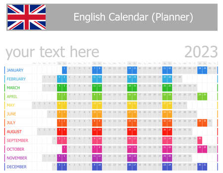 2023 English Planner Calendar with Horizontal Months on white backgroundのイラスト素材