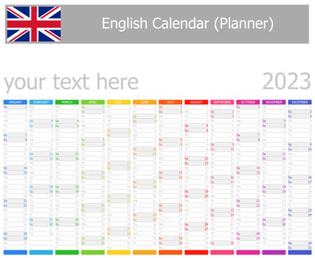 2023 English Planner Calendar with Vertical Months on white backgroundのイラスト素材